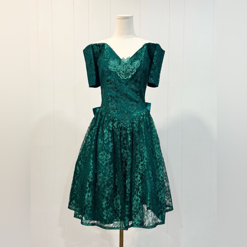 Vintage 80s Gunne Sax Jessica McClintock Emerald Green Shimmer Party Dress 9/10